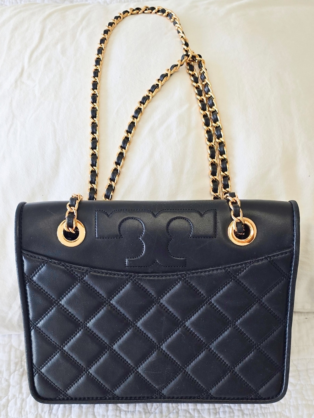 Tory Burch Black Quilted Leather Chain-Handle Shoulder Bag with Gold Hardware
